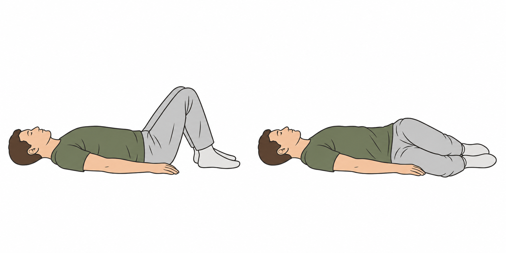 Links: Rückenlage mit angestellten Beinen, beide Knie nach oben. Rechts: beide gebeugten Knie gemeinsam sanft zur Seite geneigt; Kopf und Schultern bleiben liegen.