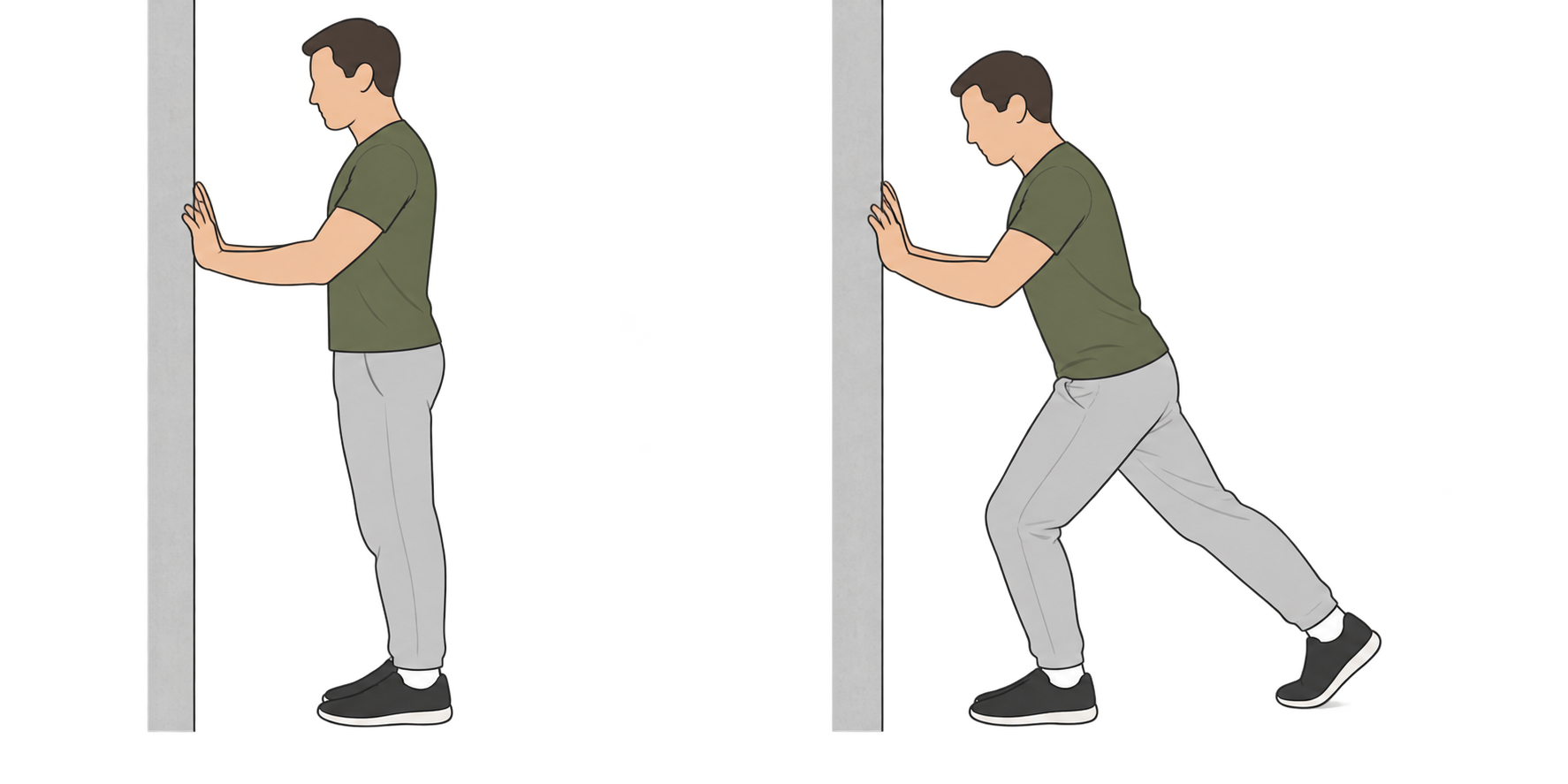 Links: aufrechter Stand mit beiden Händen an einem festen Halt. Rechts: das Standbein ist etwas gebeugt, der andere Fuß gleitet nach hinten; die Hände bleiben am Halt.