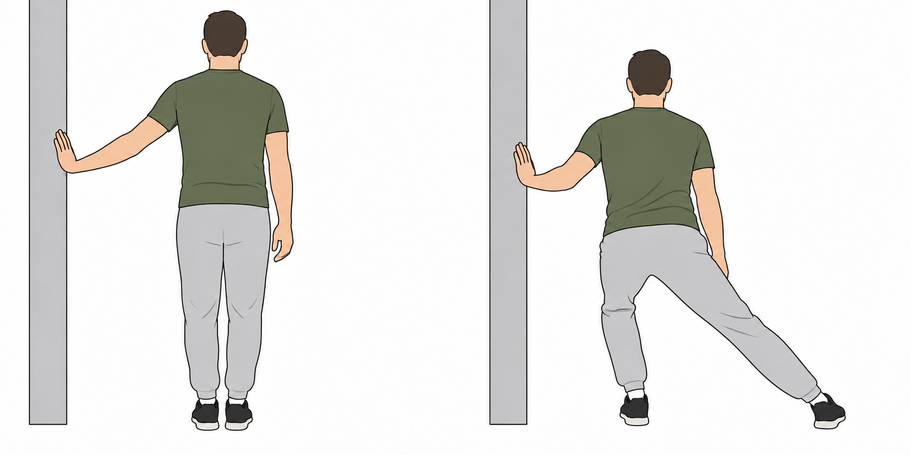 Links: von hinten gezeigter aufrechter Stand, eine Hand liegt an einem festen Halt. Rechts: das Standbein ist leicht gebeugt, das andere Bein wird zur Seite geführt; die Hand bleibt am Halt.